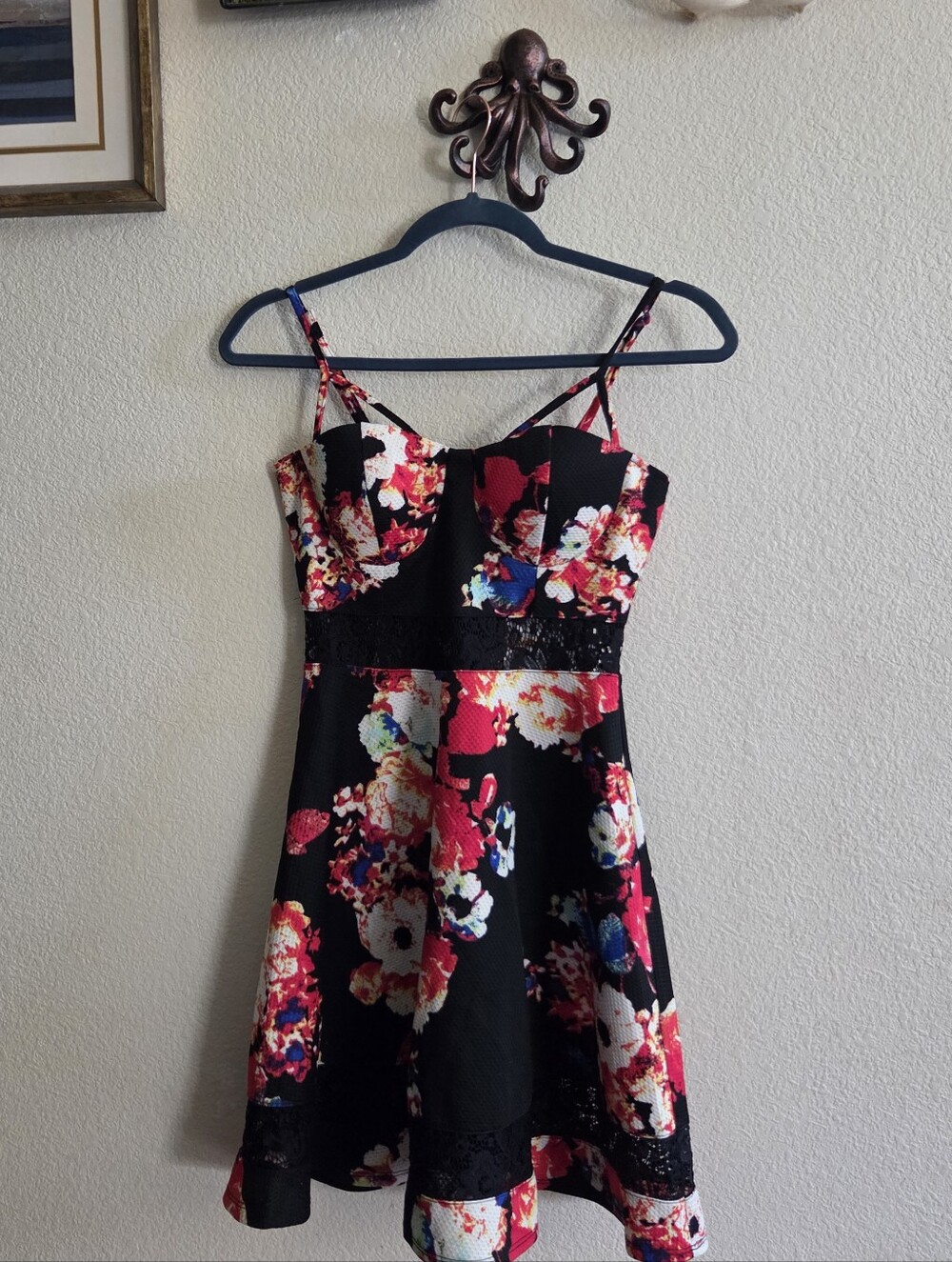 Floral Black & Pink Fit-and-Flare Dress with Spaghetti Straps NWT, Size Small